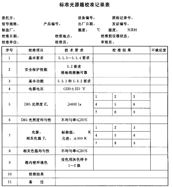 光源箱校準表